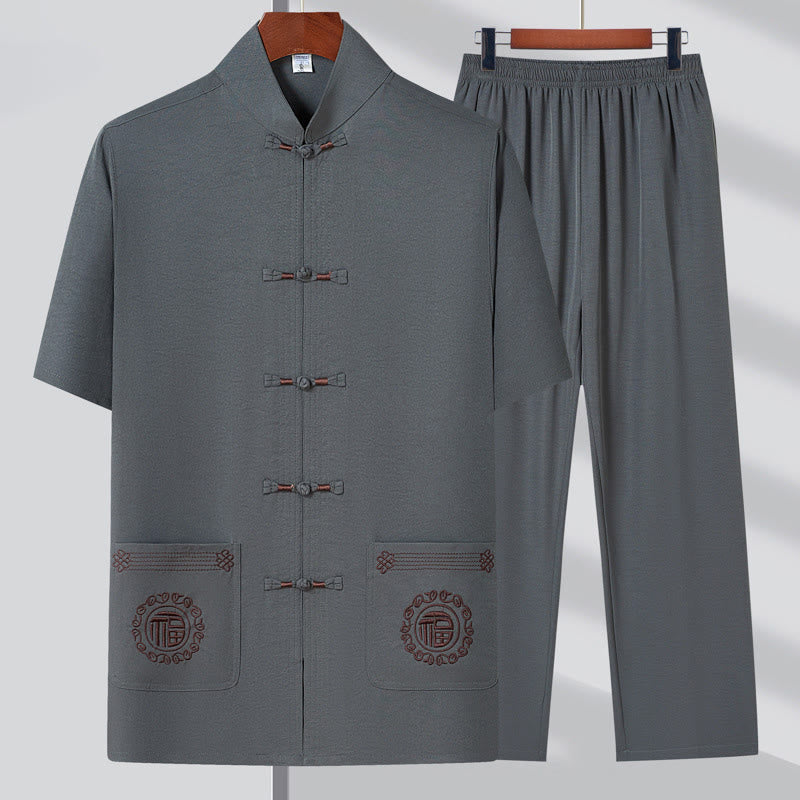 Buddha Stones Fu personaje bordado traje Tang tradicional botón de rana manga corta Top pantalones ropa conjunto para hombres