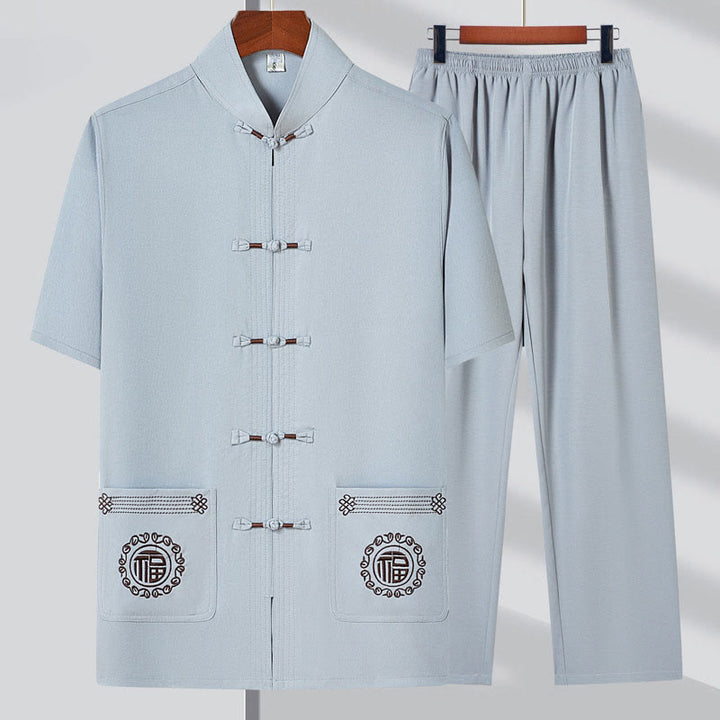 Buddha Stones Fu personaje bordado traje Tang tradicional botón de rana manga corta Top pantalones ropa conjunto para hombres - Gris claro (Top y pantalón) - 4XL(Equivalente a la talla 44 de US/UK/AU44; 54 de la UE) - image 5