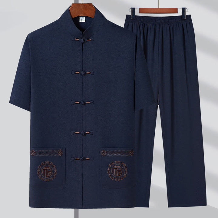 Buddha Stones Fu personaje bordado traje Tang tradicional botón de rana manga corta Top pantalones ropa conjunto para hombres