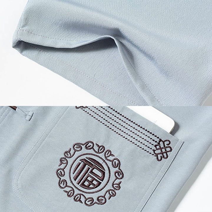 Buddha Stones Fu personaje bordado traje Tang tradicional botón de rana manga corta Top pantalones ropa conjunto para hombres