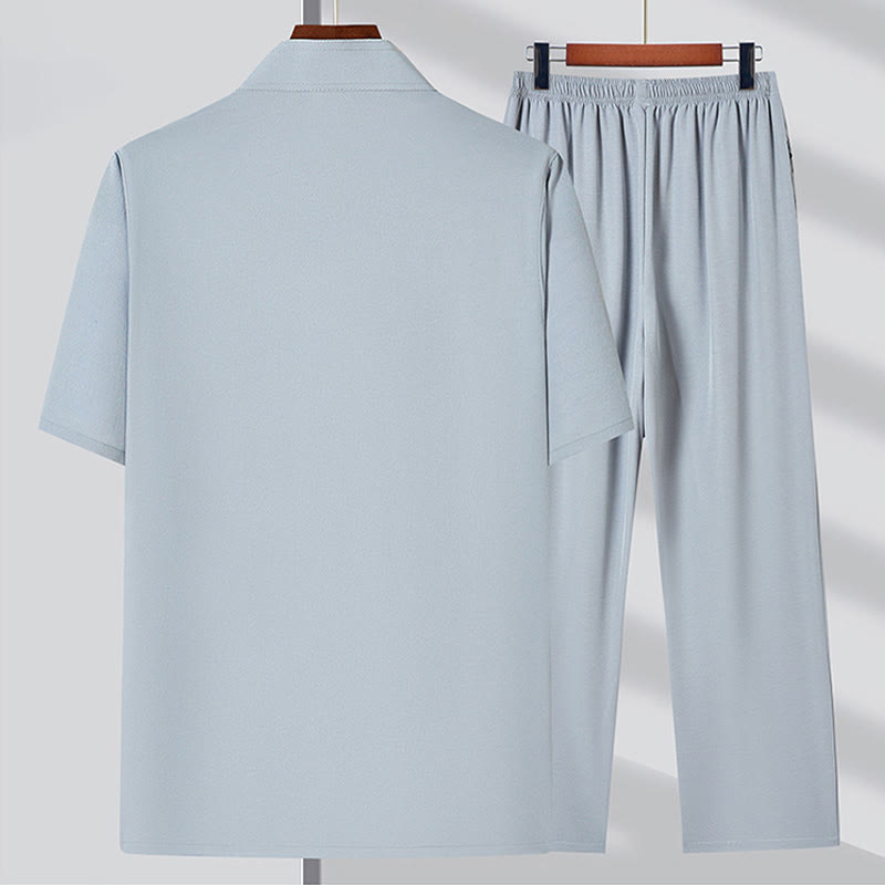 Buddha Stones Fu personaje bordado traje Tang tradicional botón de rana manga corta Top pantalones ropa conjunto para hombres