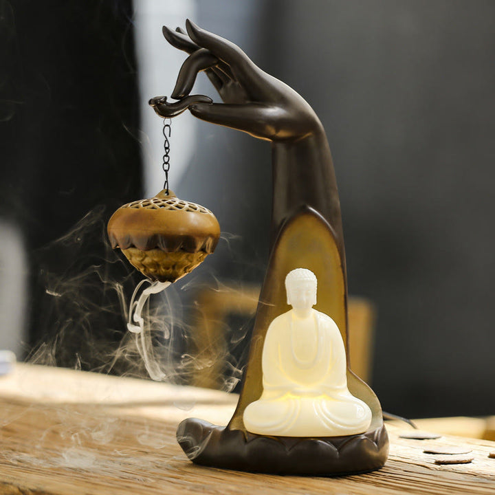 Quemador de incienso con palo de cerámica curativo, fuente de humo de reflujo de mano Led de Buddha Stones , decoración