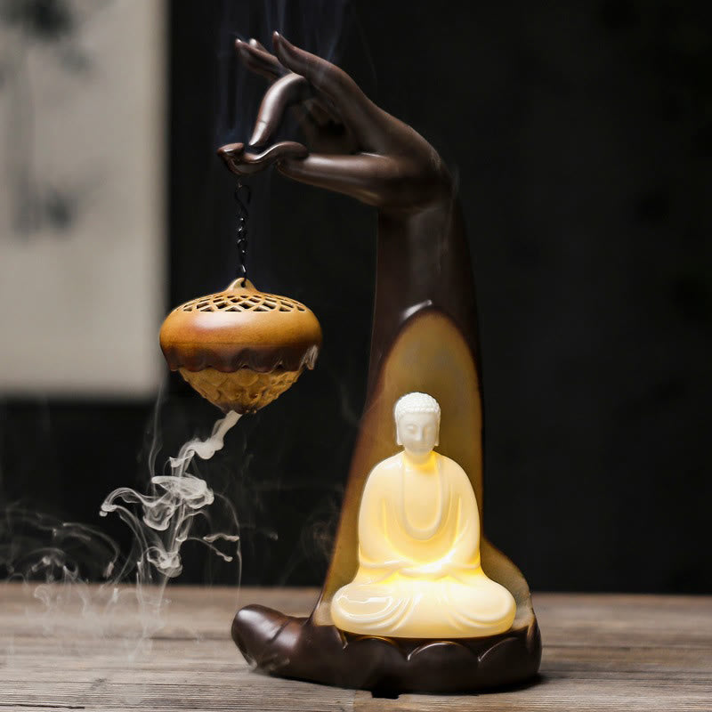Quemador de incienso con palo de cerámica curativo, fuente de humo de reflujo de mano Led de Buddha Stones , decoración