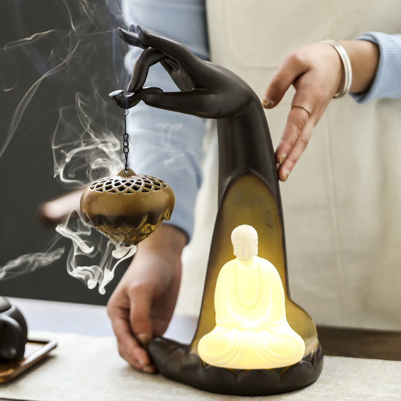 Quemador de incienso con palo de cerámica curativo, fuente de humo de reflujo de mano Led de Buddha Stones , decoración