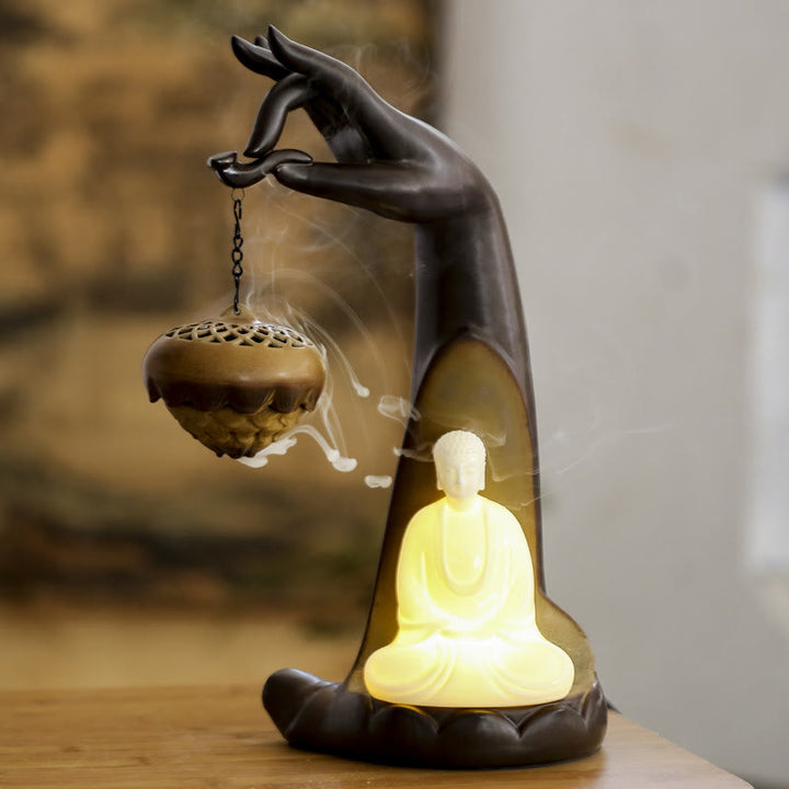 Quemador de incienso con palo de cerámica curativo, fuente de humo de reflujo de mano Led de Buddha Stones , decoración