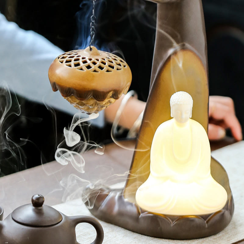 Quemador de incienso con palo de cerámica curativo, fuente de humo de reflujo de mano Led de Buddha Stones , decoración