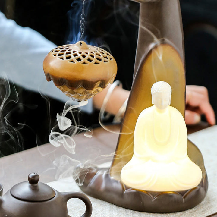 Quemador de incienso con palo de cerámica curativo, fuente de humo de reflujo de mano Led de Buddha Stones , decoración