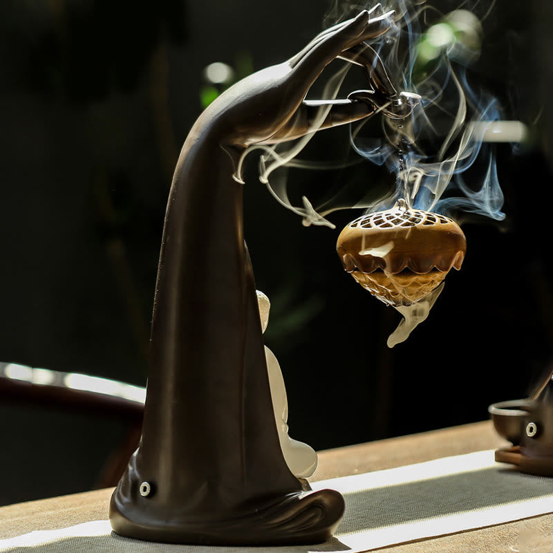 Quemador de incienso con palo de cerámica curativo, fuente de humo de reflujo de mano Led de Buddha Stones , decoración