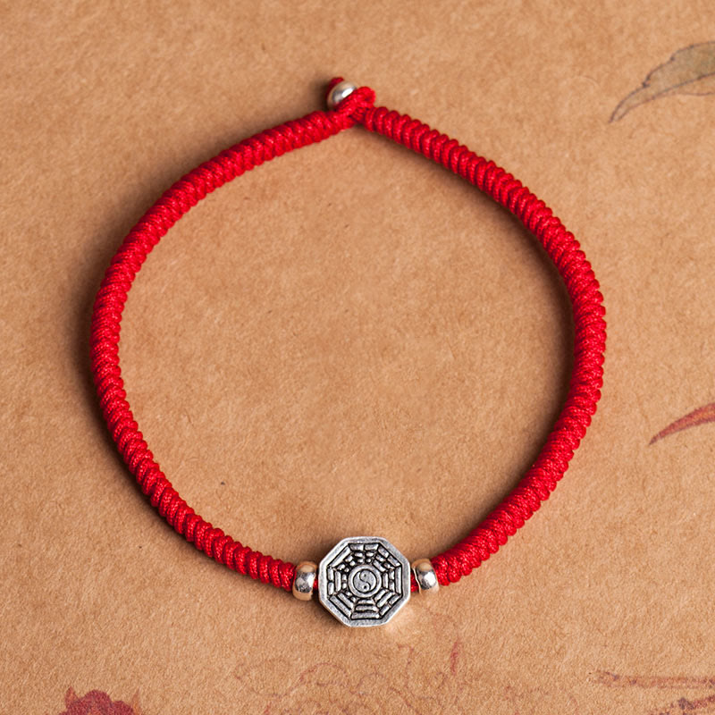 Pulsera de concentración de cuerda de cinabrio con símbolo de Yin Yang Bagua de plata de ley 925 con Buddha Stones - Cuerda roja - 23 centímetros - image 1