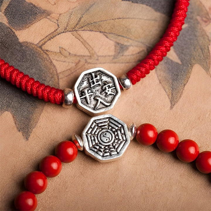 Pulsera de concentración de cuerda de cinabrio con símbolo de Yin Yang Bagua de plata de ley 925 con Buddha Stones - image 4