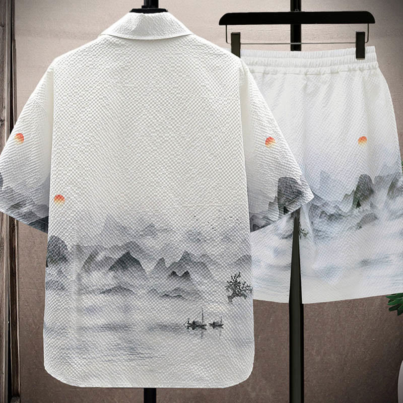 Conjunto de pantalones cortos de manga corta con estampado de urraca y árboles de coco con Buddha Stones, conjunto para hombre - image 1