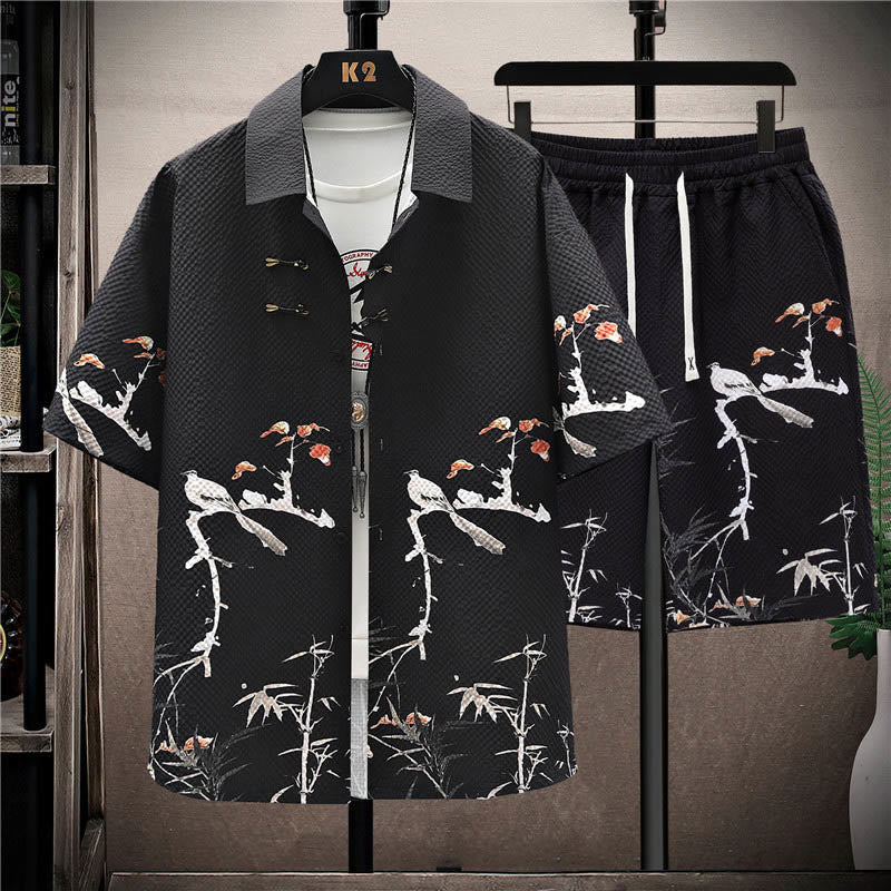 Conjunto de pantalones cortos de manga corta con estampado de urraca y árboles de coco con Buddha Stones, conjunto para hombre - Urraca Negra (Camiseta y pantalones cortos) - US/UK/AU44, EU54 (4XL) - image 9
