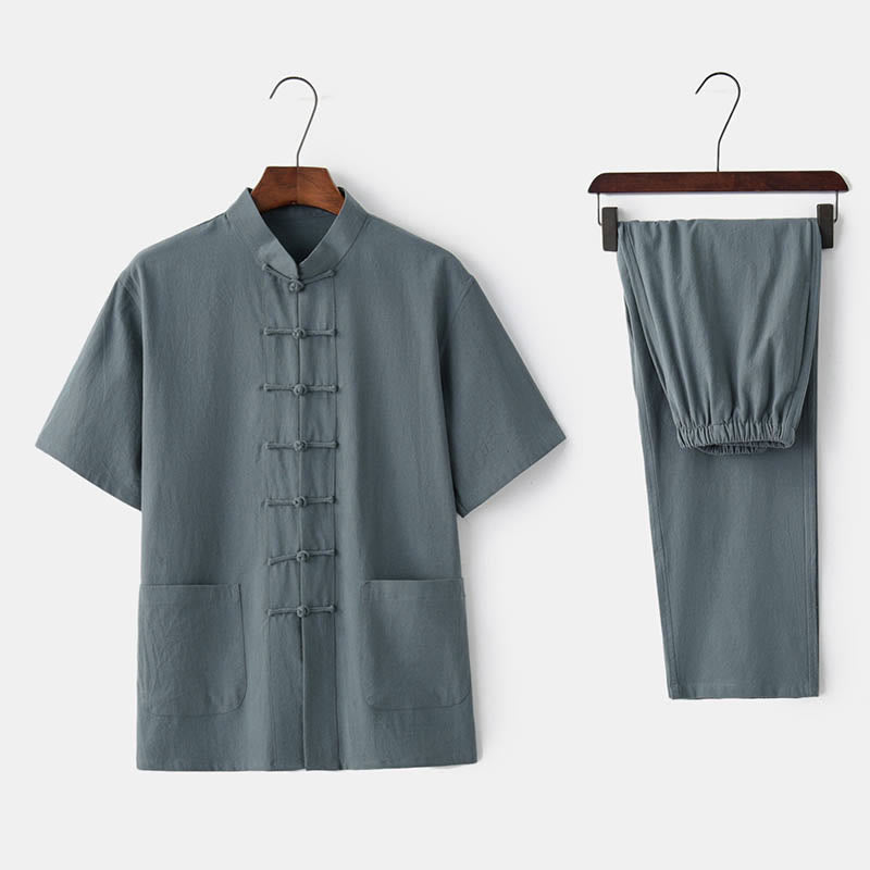 Traje Tang con botones de rana de Color sólido con piedras de Buddha Stones, conjunto tradicional de ropa de algodón y lino de manga corta con pantalones y pantalones para hombre - Gris verde (top y pantalones) - US/UK/AU44, EU54 (4XL)  - image 0