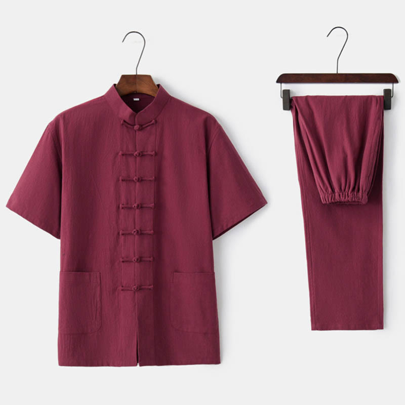 Conjunto de ropa tradicional para hombre: camiseta de manga corta y pantalón con botones de rana, estampado de Buddha Stones, color liso. - Rojo (Top y pantalón) - US/UK/AU44, EU54 (4XL)  - image 9