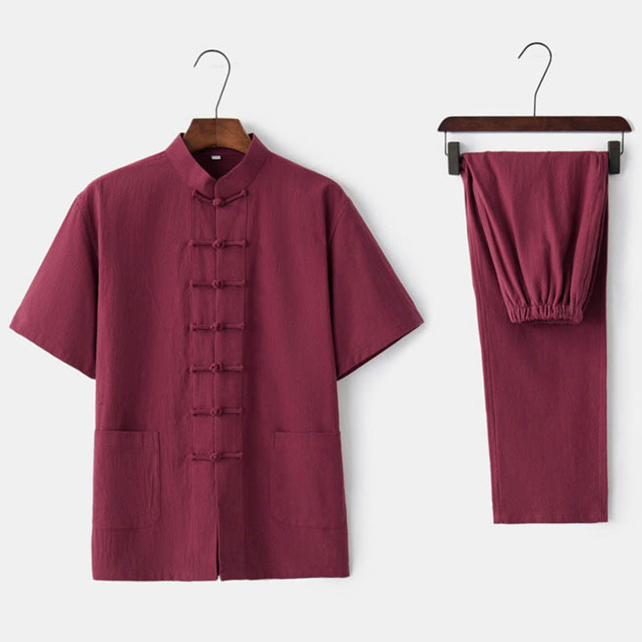 Conjunto de ropa tradicional para hombre: camiseta de manga corta y pantalón con botones de rana, estampado de Buddha Stones, color liso. - Rojo (Top y pantalón) - US/UK/AU44, EU54 (4XL)  - image 9