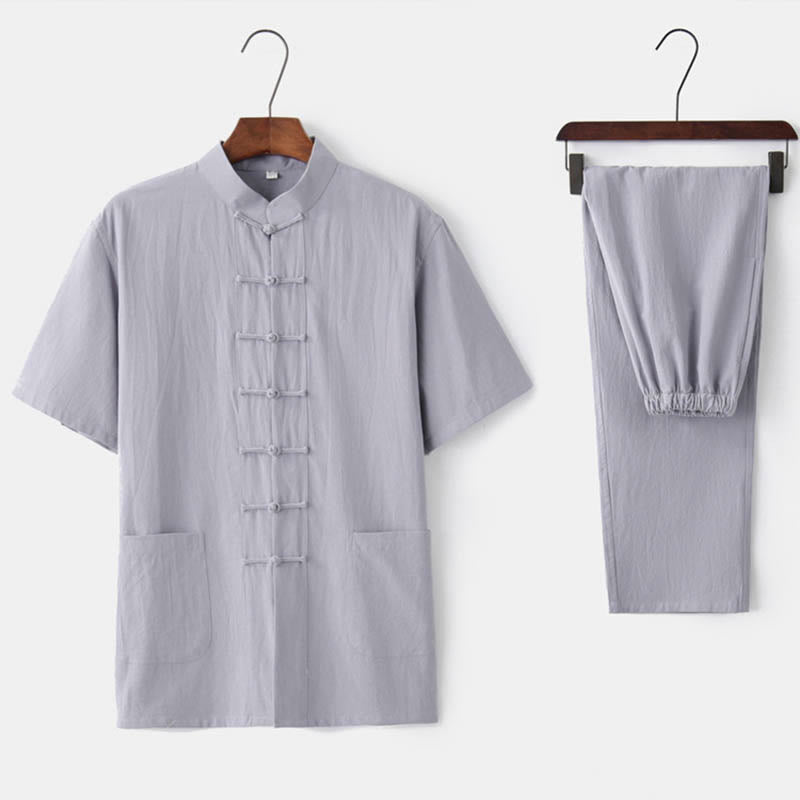 Conjunto de ropa tradicional para hombre: camiseta de manga corta y pantalón con botones de rana, estampado de Buddha Stones, color liso. - Gris (Top y pantalón) - US/UK/AU44, EU54 (4XL)  - image 2