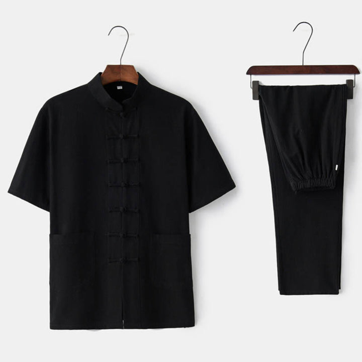Conjunto de ropa tradicional para hombre: camiseta de manga corta y pantalón con botones de rana, estampado de Buddha Stones, color liso. - Negro (Top y pantalón) - US/UK/AU44, EU54 (4XL)  - image 6