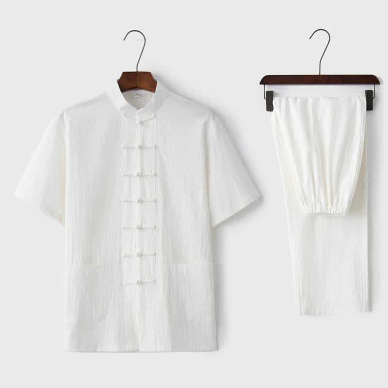 Conjunto de ropa tradicional para hombre: camiseta de manga corta y pantalón con botones de rana, estampado de Buddha Stones, color liso. - Blanco (Top y pantalón) - US/UK/AU44, EU54 (4XL)  - image 5