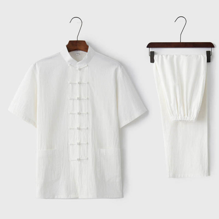 Conjunto de ropa tradicional para hombre: camiseta de manga corta y pantalón con botones de rana, estampado de Buddha Stones, color liso. - Blanco (Top y pantalón) - US/UK/AU44, EU54 (4XL)  - image 5