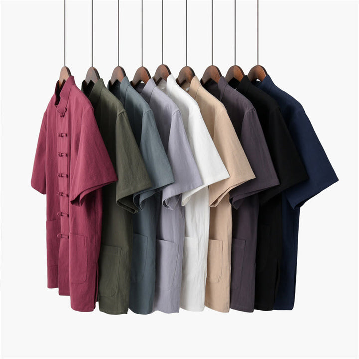 Traje Tang con botones de rana de Color sólido con piedras de Buddha Stones, conjunto tradicional de ropa de algodón y lino de manga corta con pantalones y pantalones para hombre - image 1