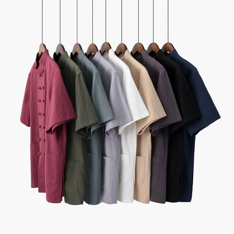 Conjunto de ropa tradicional para hombre: camiseta de manga corta y pantalón con botones de rana, estampado de Buddha Stones, color liso. - image 1
