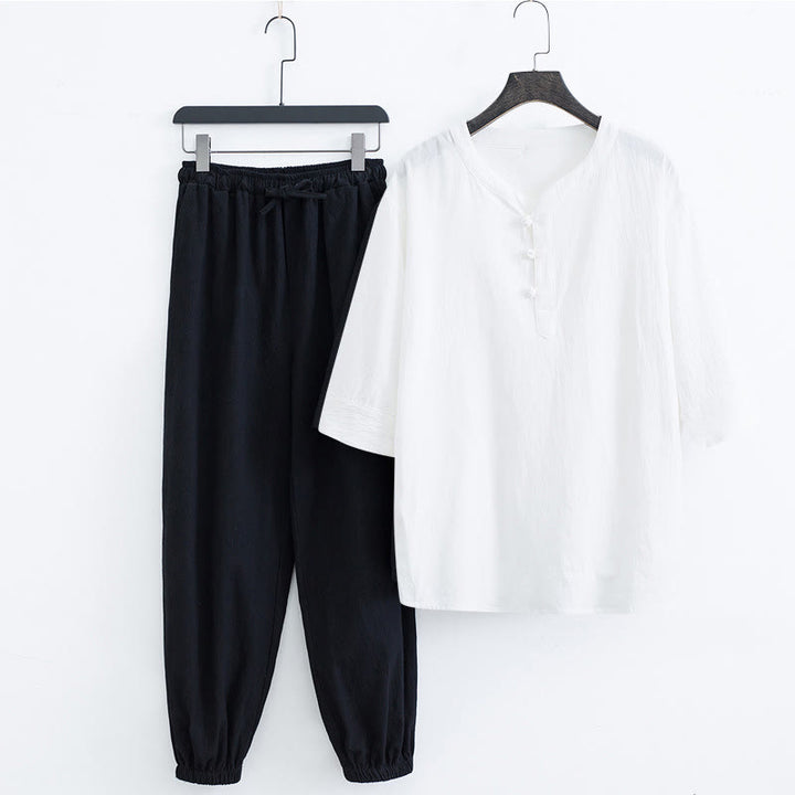 Conjunto de ropa para hombre: camiseta de manga corta y pantalón de color liso con estampado de Buddha Stones. - Camisa blanca y pantalón negro (parte superior y pantalón) - US/UK/AU44, EU54 (4XL) - image 11