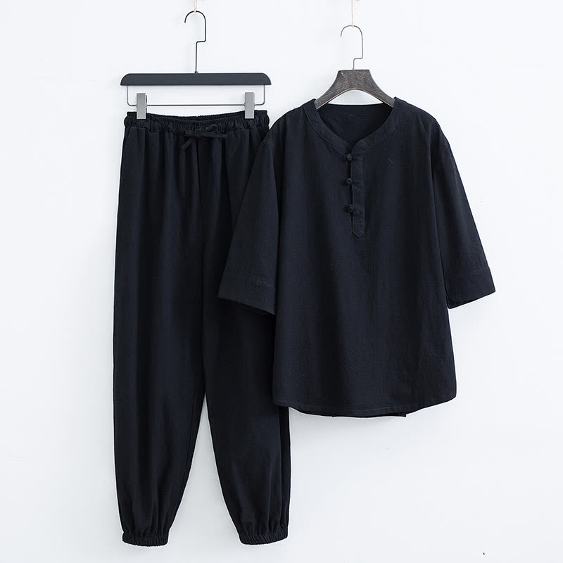 Conjunto de ropa para hombre: camiseta de manga corta y pantalón de color liso con estampado de Buddha Stones. - Negro (Top y pantalón) - US/UK/AU44, EU54 (4XL) - image 9
