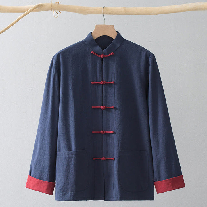 Camisa de traje chino Tang con estampado de Buddha Stones de rana, chaqueta de lino y algodón para hombre. - Camisa azul y botón de rana roja - US/UK/AU44, EU54 (4XL) - image 12
