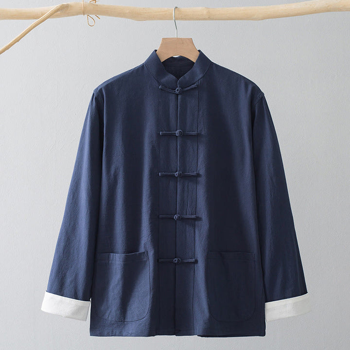 Buddha Stones Rana Botón Chino Tang Traje Camisa Algodón Lino Hombres Chaqueta Ropa - Camisa azul y botón de rana blanca - US/UK/AU44, EU54 (4XL) - image 5