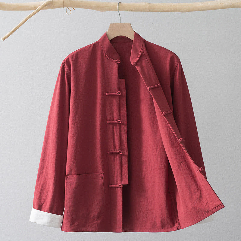 Buddha Stones Rana Botón Chino Tang Traje Camisa Algodón Lino Hombres Chaqueta Ropa - Camisa roja y botón de rana blanca - US/UK/AU44, EU54 (4XL) - image 14