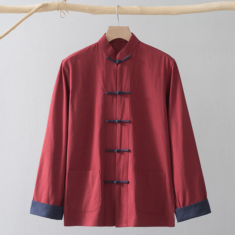 Camisa de traje chino Tang con estampado de Buddha Stones de rana, chaqueta de lino y algodón para hombre. - Camisa roja y botón de rana azul - US/UK/AU44, EU54 (4XL) - image 16