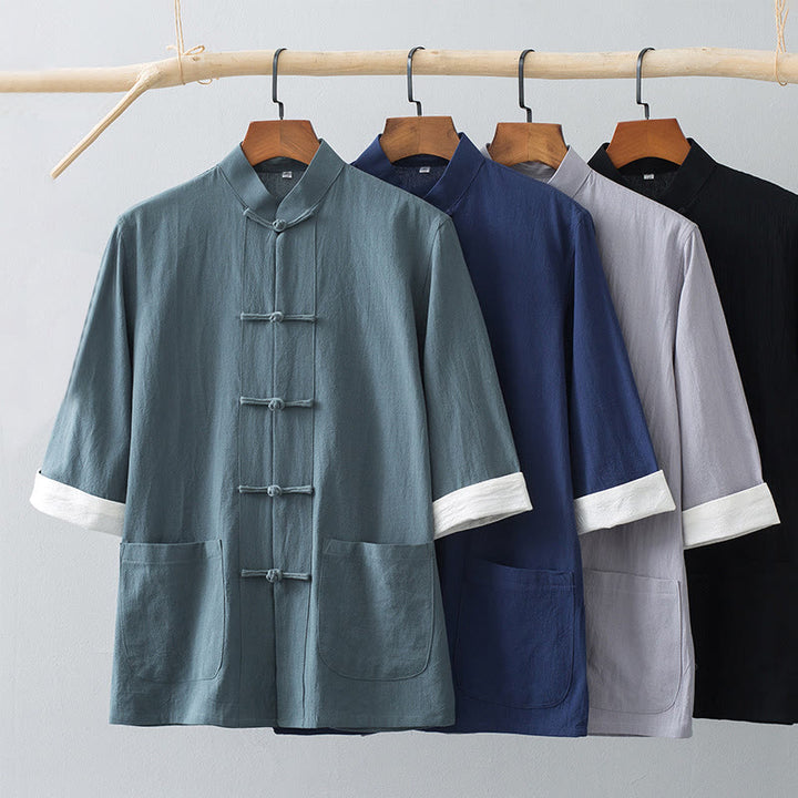 Buddha Stones Botón de Rana Traje Chino Camisa de Media Manga Ropa de Hombre de algodón con Bolsillos