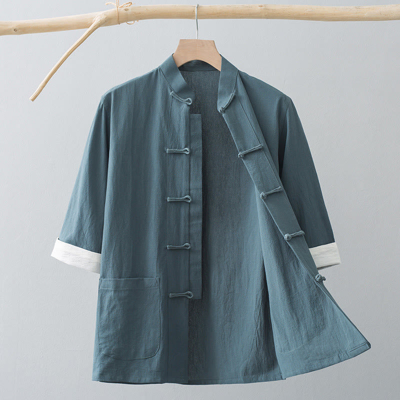 Buddha Stones Botón de Rana Traje Chino Camisa de Media Manga Ropa de Hombre de algodón con Bolsillos - Verde grisáceo - US/UK/AU44, EU54 (4XL) - image 1