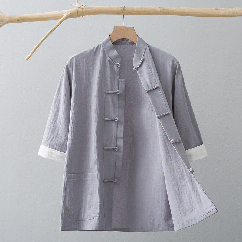 Buddha Stones Botón de Rana Traje Chino Camisa de Media Manga Ropa de Hombre de algodón con Bolsillos - Gris - US/UK/AU44, EU54 (4XL) - image 9