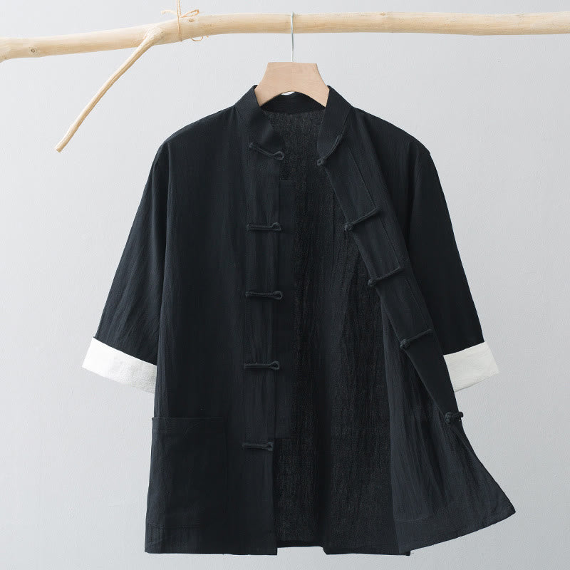 Buddha Stones Botón de Rana Traje Chino Camisa de Media Manga Ropa de Hombre de algodón con Bolsillos - Negro - US/UK/AU44, EU54 (4XL) - image 13