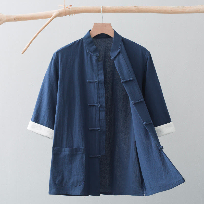 Buddha Stones Botón de Rana Traje Chino Camisa de Media Manga Ropa de Hombre de algodón con Bolsillos