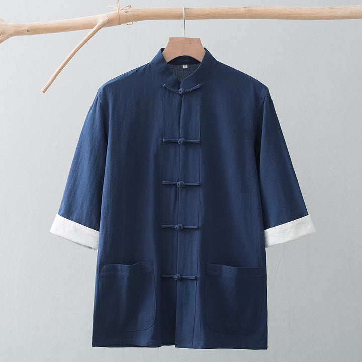 Buddha Stones Botón de Rana Traje Chino Camisa de Media Manga Ropa de Hombre de algodón con Bolsillos - image 15