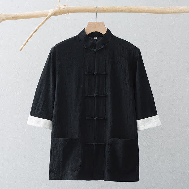 Buddha Stones Botón de Rana Traje Chino Camisa de Media Manga Ropa de Hombre de algodón con Bolsillos - image 13