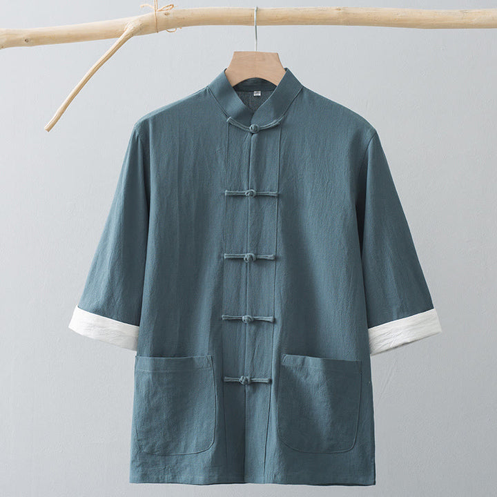 Buddha Stones Botón de Rana Traje Chino Camisa de Media Manga Ropa de Hombre de algodón con Bolsillos - image 2