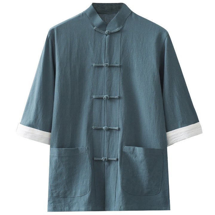 Buddha Stones Botón de Rana Traje Chino Camisa de Media Manga Ropa de Hombre de algodón con Bolsillos - image 8