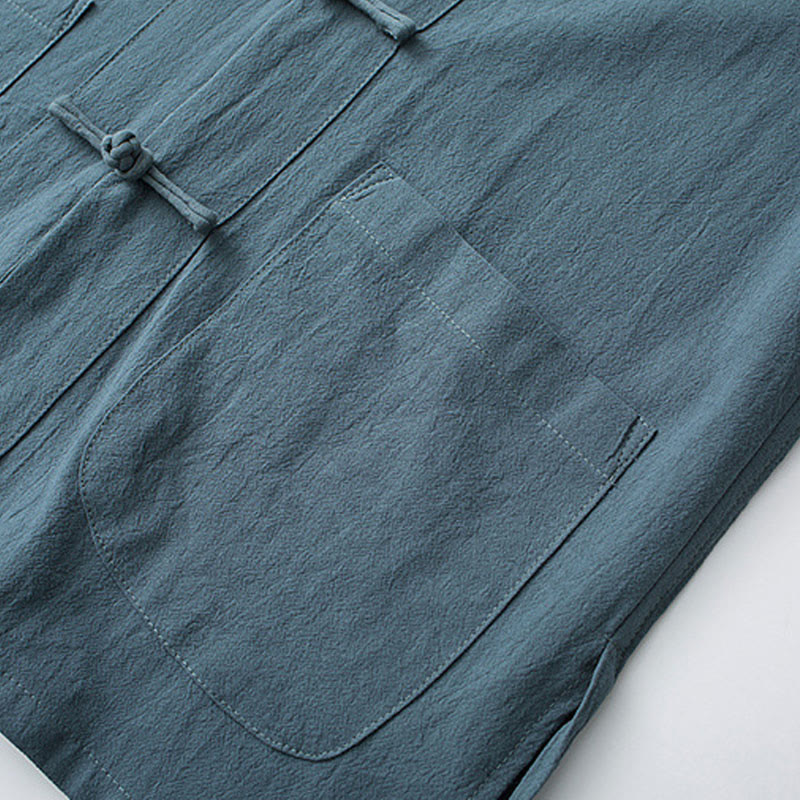 Buddha Stones Botón de Rana Traje Chino Camisa de Media Manga Ropa de Hombre de algodón con Bolsillos