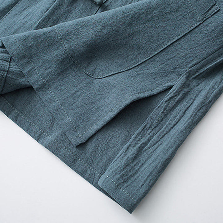 Buddha Stones Botón de Rana Traje Chino Camisa de Media Manga Ropa de Hombre de algodón con Bolsillos