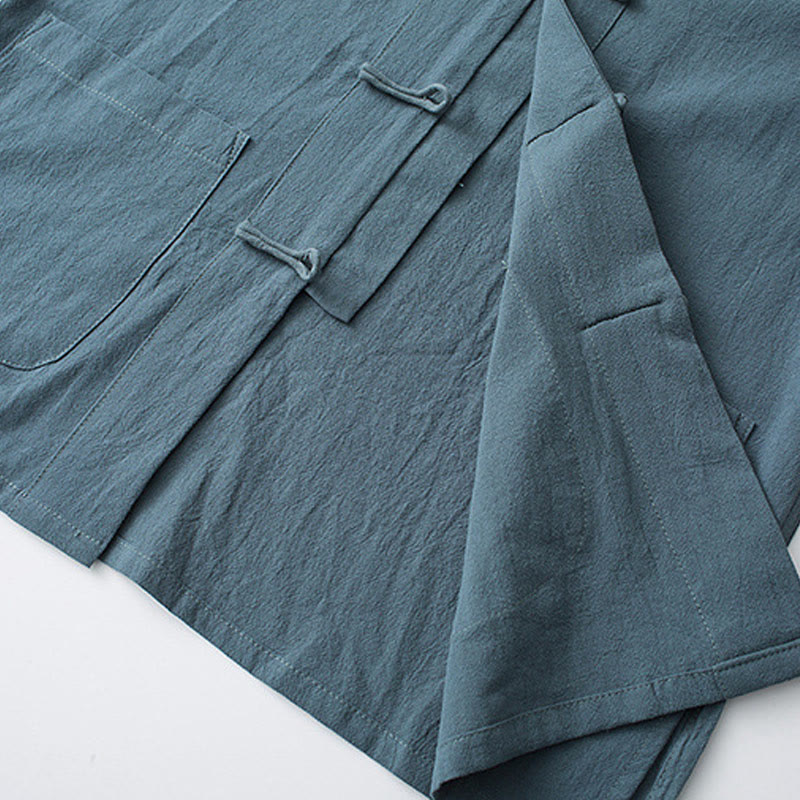 Buddha Stones Botón de Rana Traje Chino Camisa de Media Manga Ropa de Hombre de algodón con Bolsillos