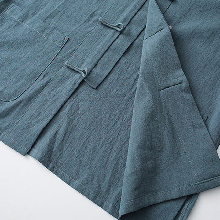 Buddha Stones Botón de Rana Traje Chino Camisa de Media Manga Ropa de Hombre de algodón con Bolsillos