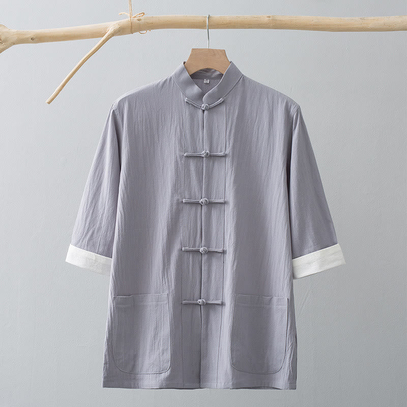 Buddha Stones Botón de Rana Traje Chino Camisa de Media Manga Ropa de Hombre de algodón con Bolsillos - image 10