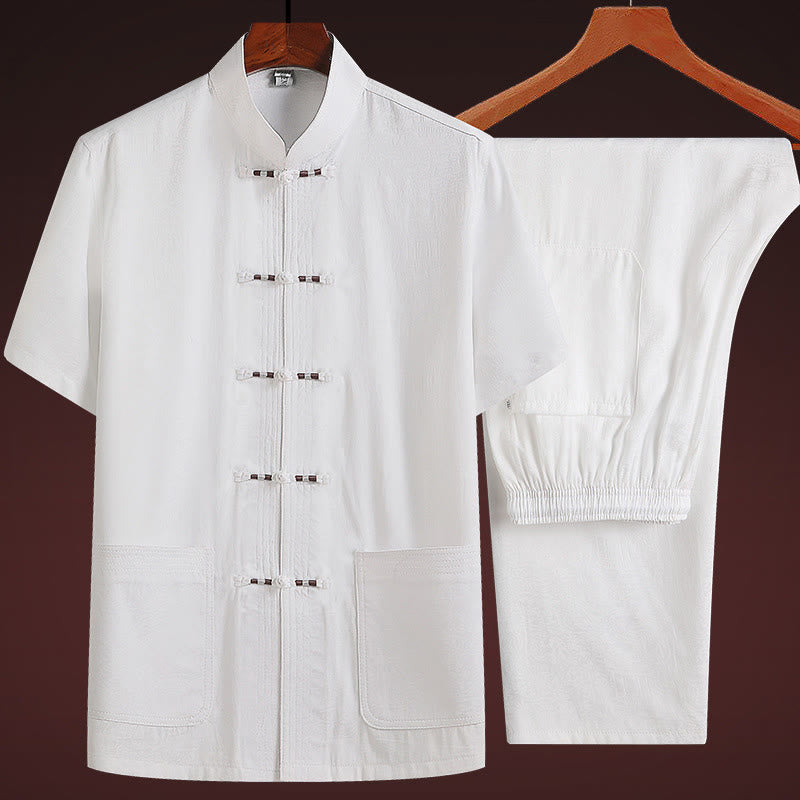 Buddha Stones a lo largo del río durante el patrón del Festival Qingming Traje Tang tradicional Camisa de manga corta Pantalones Ropa Conjunto para hombres