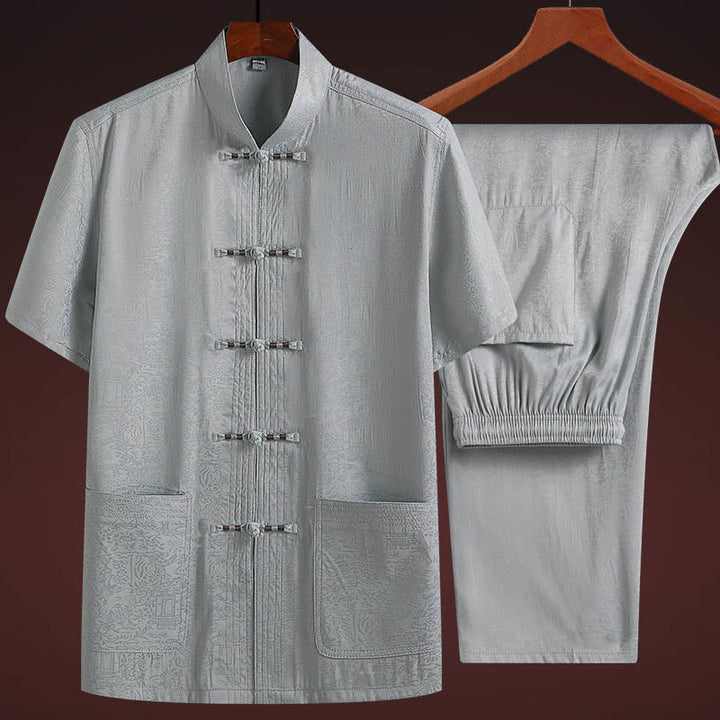 Buddha Stones a lo largo del río durante el patrón del Festival Qingming Traje Tang tradicional Camisa de manga corta Pantalones Ropa Conjunto para hombres