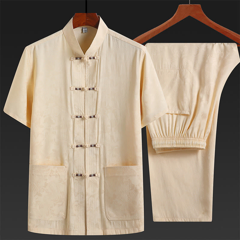 Buddha Stones a lo largo del río durante el patrón del Festival Qingming Traje Tang tradicional Camisa de manga corta Pantalones Ropa Conjunto para hombres