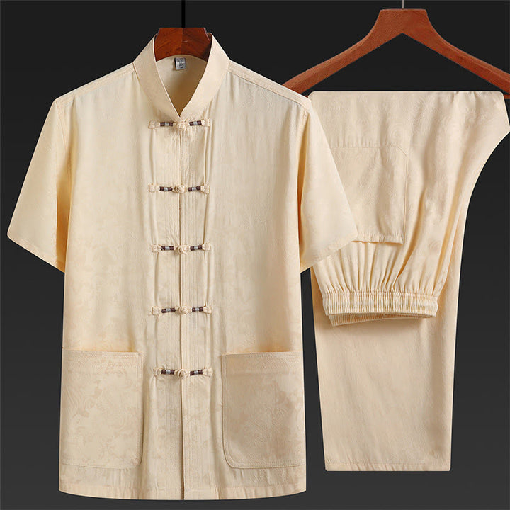 Buddha Stones a lo largo del río durante el patrón del Festival Qingming Traje Tang tradicional Camisa de manga corta Pantalones Ropa Conjunto para hombres