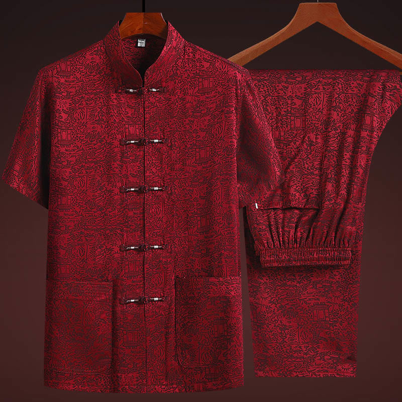Buddha Stones a lo largo del río durante el patrón del Festival Qingming Traje Tang tradicional Camisa de manga corta Pantalones Ropa Conjunto para hombres